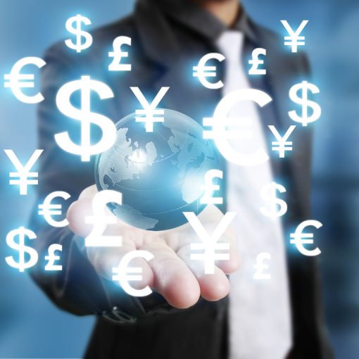 A picture of a businessman's hand with currency symbols