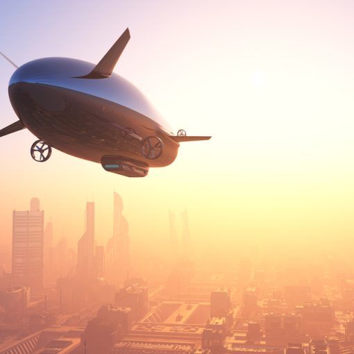 This is a picture of an airship over a city