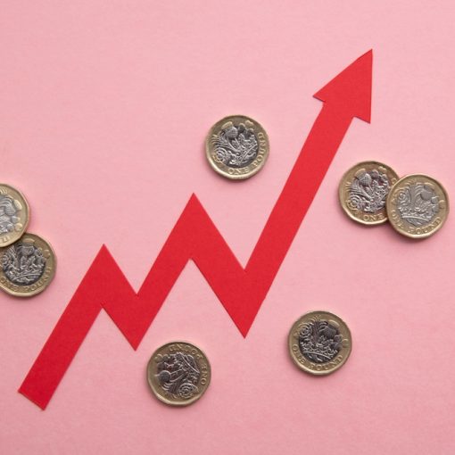 This is an image showing Rising Costs, Inflation - Upwards Arrows With Coins
