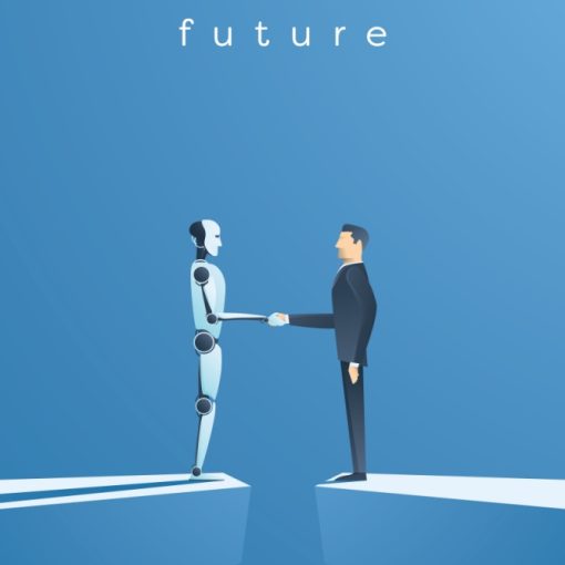 This pic shows a robot and human shaking hands