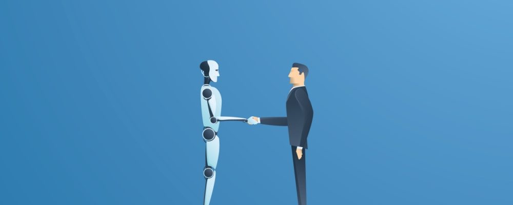This pic shows a robot and human shaking hands
