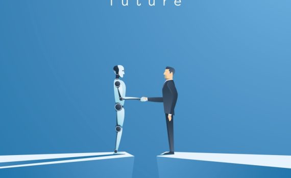 This pic shows a robot and human shaking hands