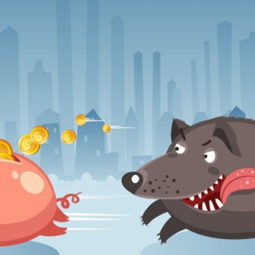 This pic shows a money piggy bank chased by a wolf in a city