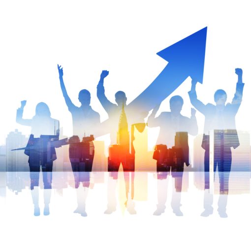 The image shows optimistic, happy group of business people