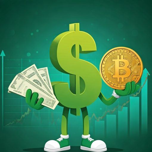 The image shows a Dollar Figure Having Hands Holdings Stock And Bitcoin