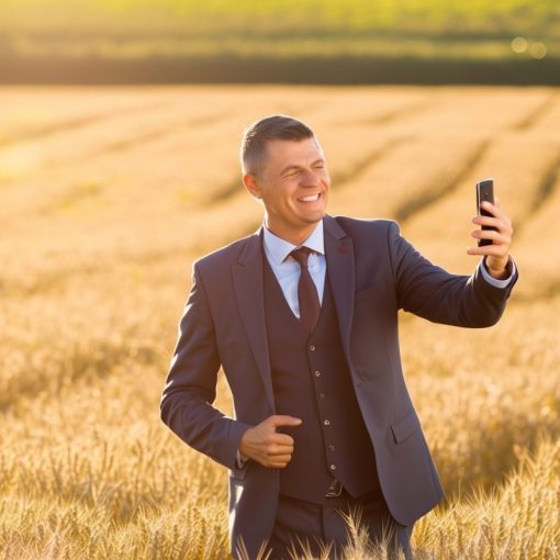 This is the image of a Suited Man With Phone In A Field Of Harvest
