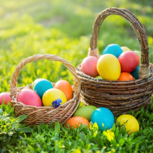 This is a picture of colorful eggs in baskets