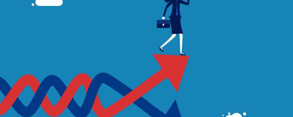 This picture shows a businesswoman on a volatility graph