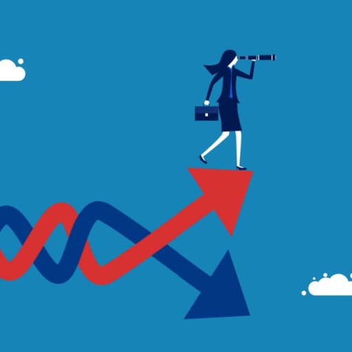 This picture shows a businesswoman on a volatility graph