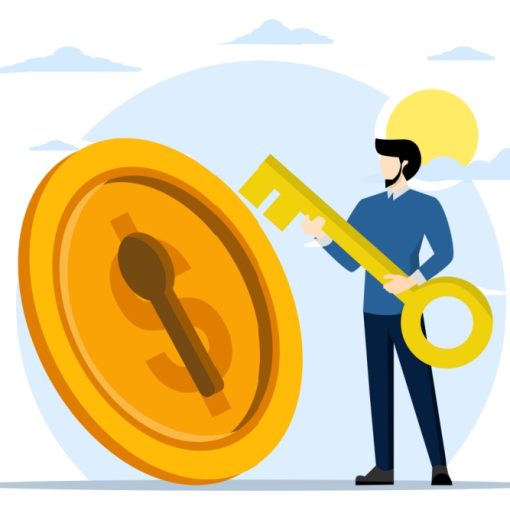 This is an image of a man holding a key to a coin shaped lock
