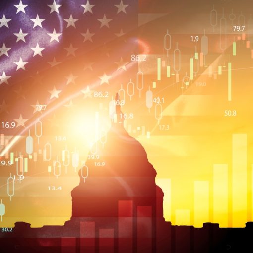 This is an image of White House showing US flag and market charts