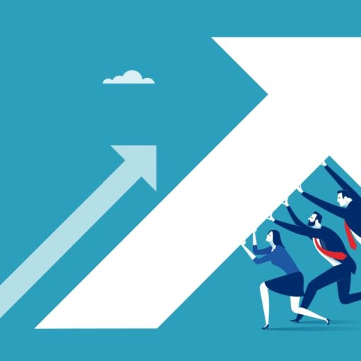 The image shows businesspeople lifting economy arrows
