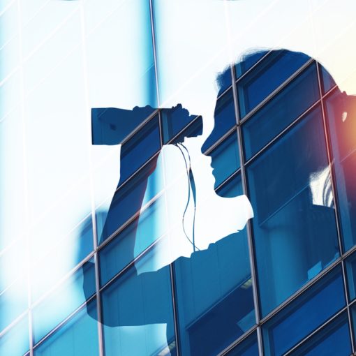 The image shows Businessman looking for Opportunities at Sunrise