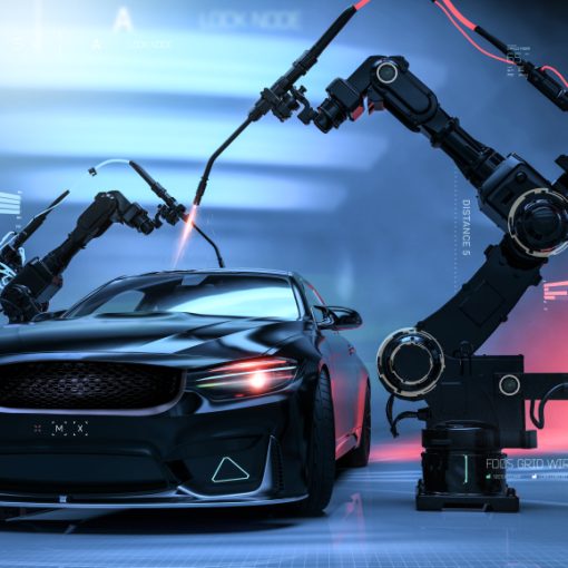 The image shows a future car being attended by robots