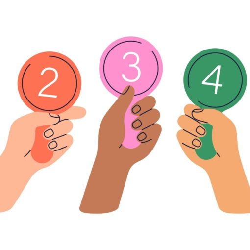 The image shows hands holding five scores