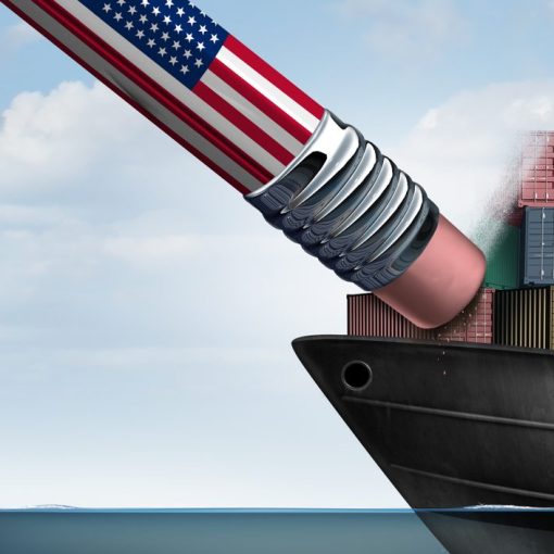 The image shows containers representing trade and tariffs