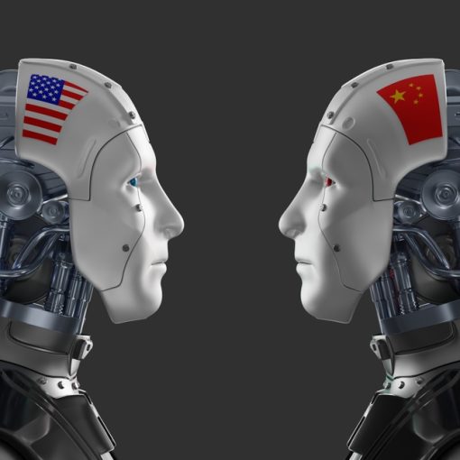 The image depicts two Robots representing USA And China tech face-off