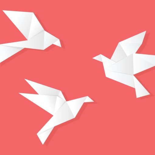 The image shows origami birds