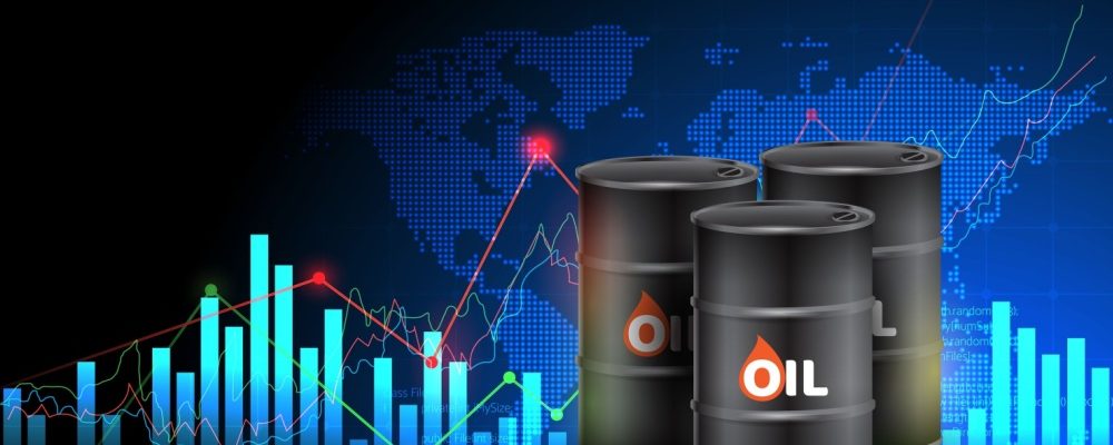 This image shows oil barrels against world market growth charts
