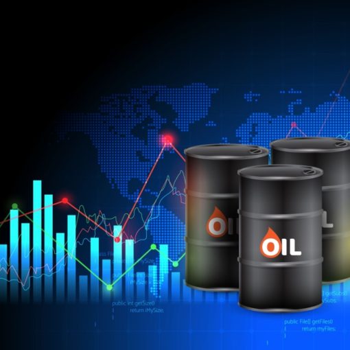 This image shows oil barrels against world market growth charts