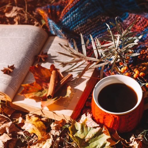 The image shows an autumn shot with leaves, coffee and book