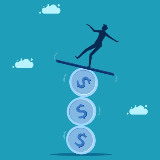 The image portrays Market Stability with a Balance of Coins