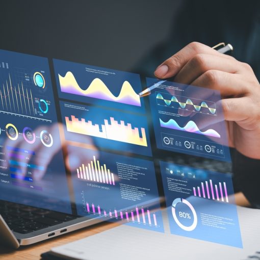 The image shows a business dashboard with data analysis reports