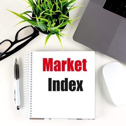 The image shows market index text on notebook