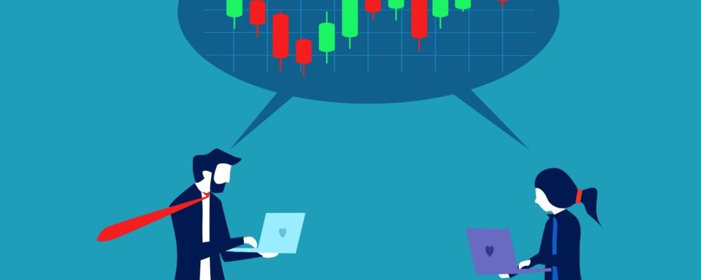 The image shows traders watching stocks charts candles