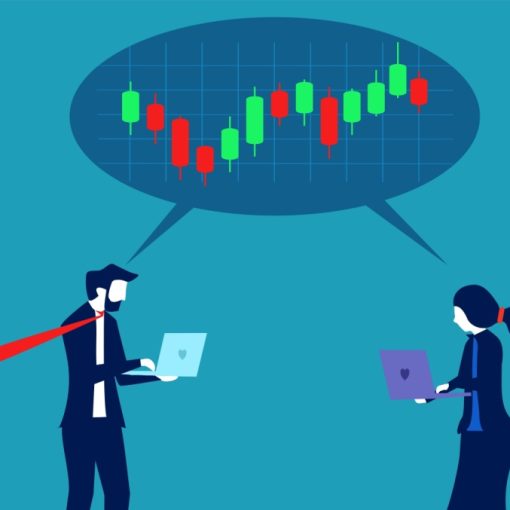 The image shows traders watching stocks charts candles