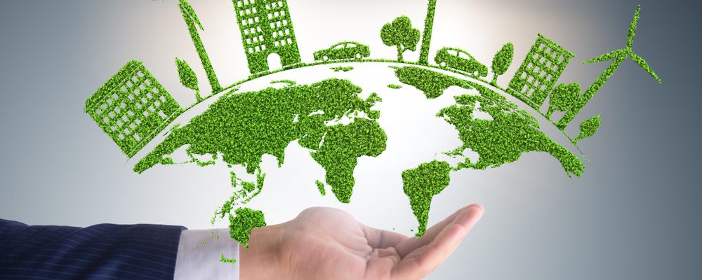 The image represents World Map Sustainability Concept