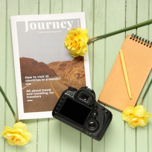 Journey Concept Camera Magazine Flowers